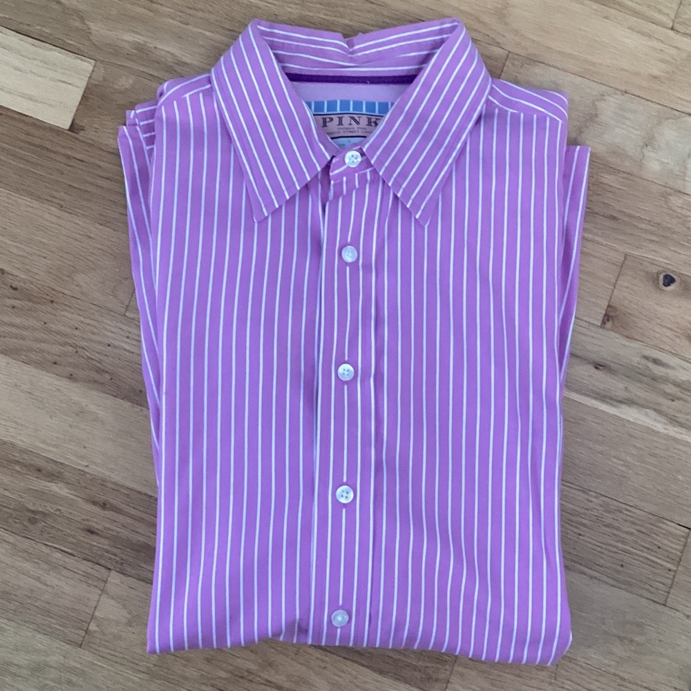 Thomas PINK. Pink and White Striped Men's Dress Shirt. Large